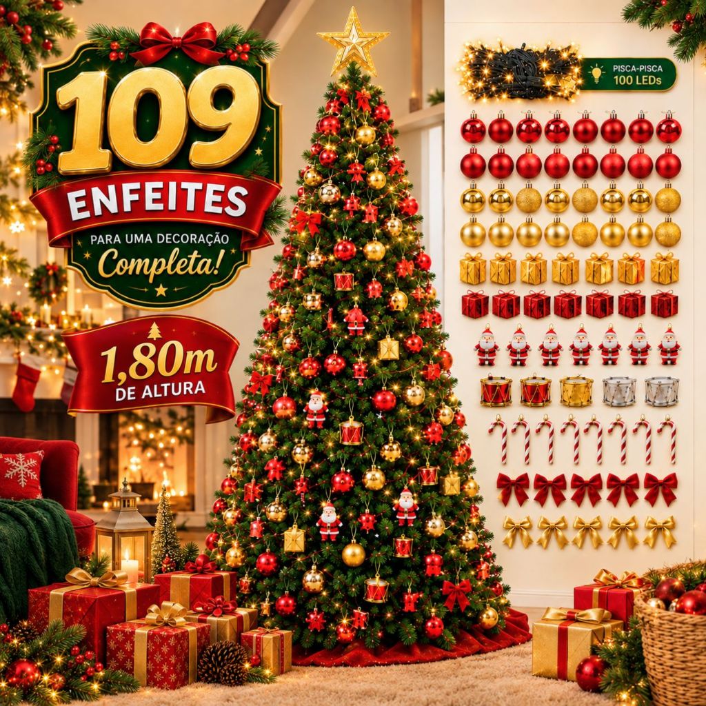 Árvore Natal Pinheiro 180cm 1,80m GALHOS Cheios Enfeitada Decorada Luxo Kit Completo Enfeite Verde