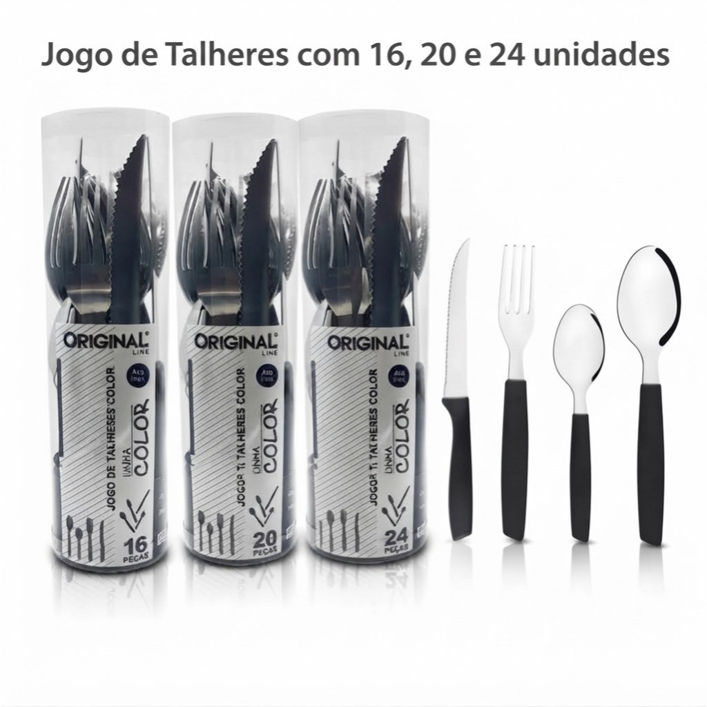 Faqueiro Inox Jogo De Talheres 16, 20 ou 24 Peças Preto E Vermelho Mesa Posta Natal Presente