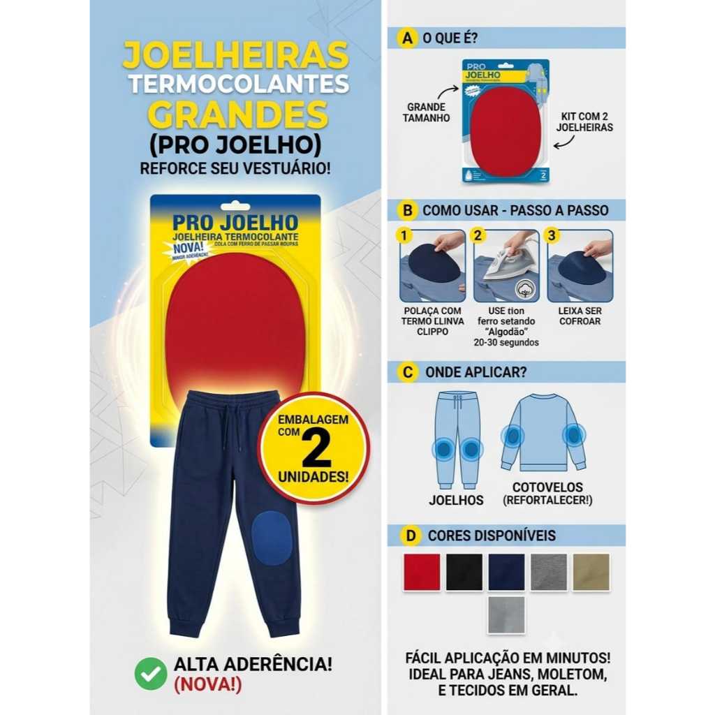 Par Joelheiras Grandes Termocolantes Reforçada Cola Forte para Uniformes PRO JOELHO