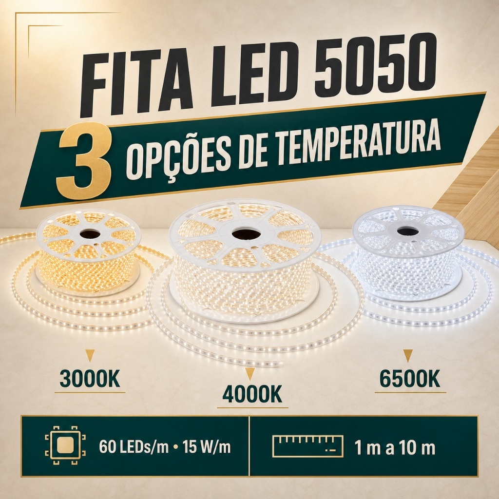 Mangueira Fita LED 5050 60 LEDs/m IP65 110V ou 220V Luz Quente, Neutra ou Fria em Comprimentos de 1 a 10 Metros