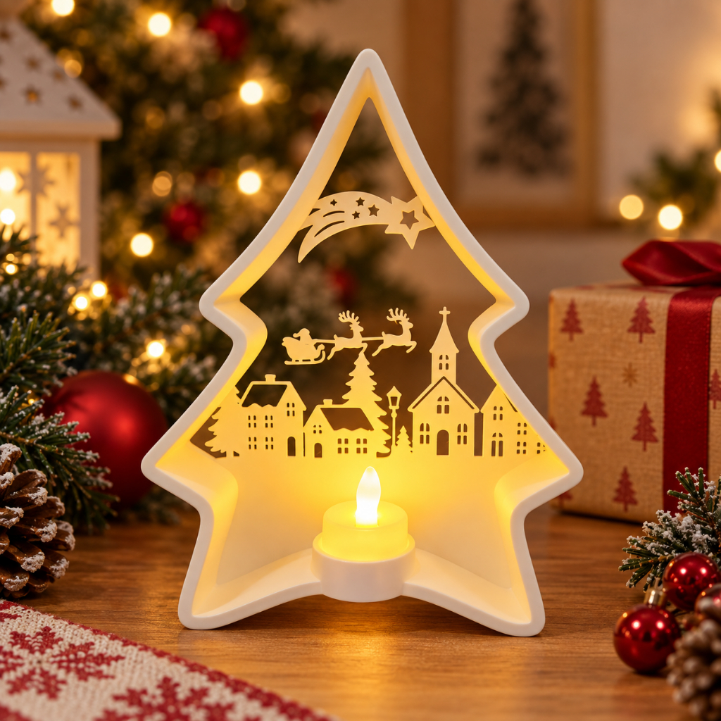 Enfeite de Natal Árvore Iluminada com Vila Natalina Decoração Mesa, Vela Led