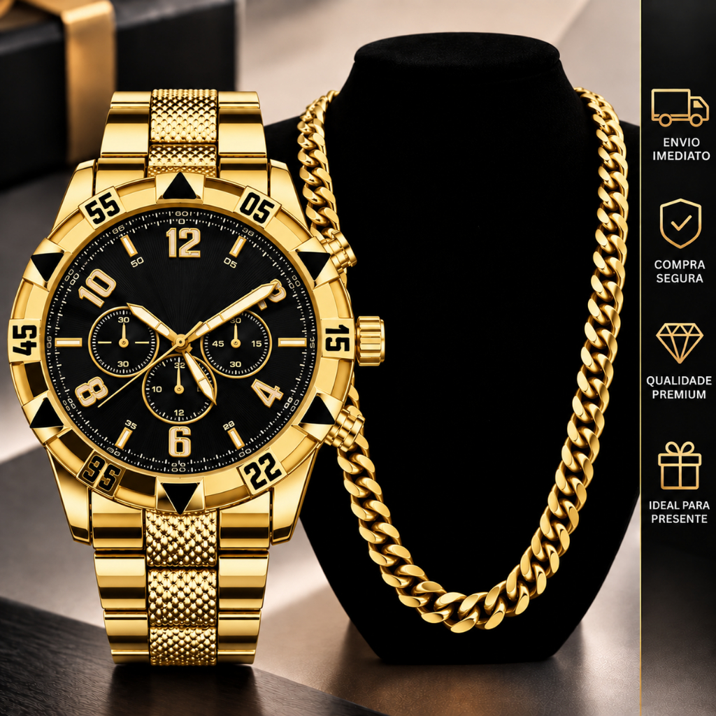 Relógio Masculino Dourado Banhado 18k + Corrente Grossa Dourado 18K