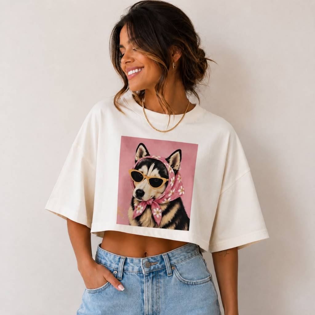 Cropped Oversized Feminino Cachorro Estiloso Blusa Tendência Algodão Premium Tamanho Único 36 ao 44