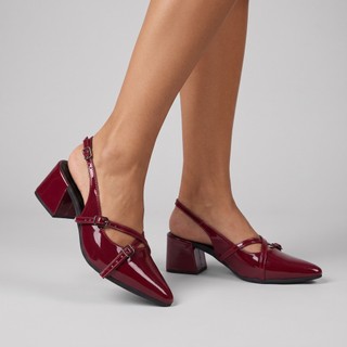 Sapato Feminino Scarpin Slingback Verniz Bico Fino Salto Grosso Elegante Moda Figueiroa