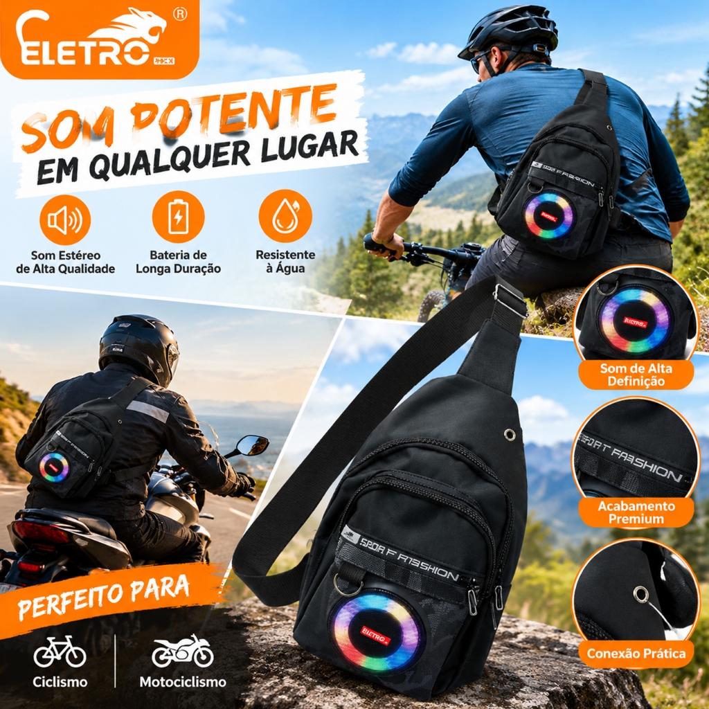 Eletromex Mochila Bolsa Shoulder Bag Transversal com Alto-Falante Bluetooth RGB Para Bicicleta Bike Ciclismo motocicleta
