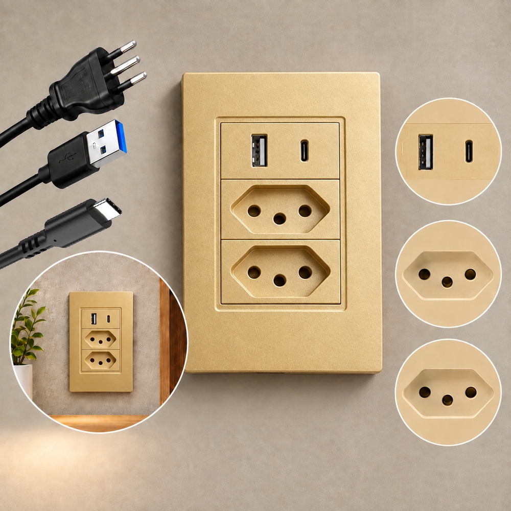 1/2/3 Tomada de Parede Dupla Com Entrada Usb e tipo C 5V Bivolt - 4 em 1 Carregamento Rápido Multi Carregamento