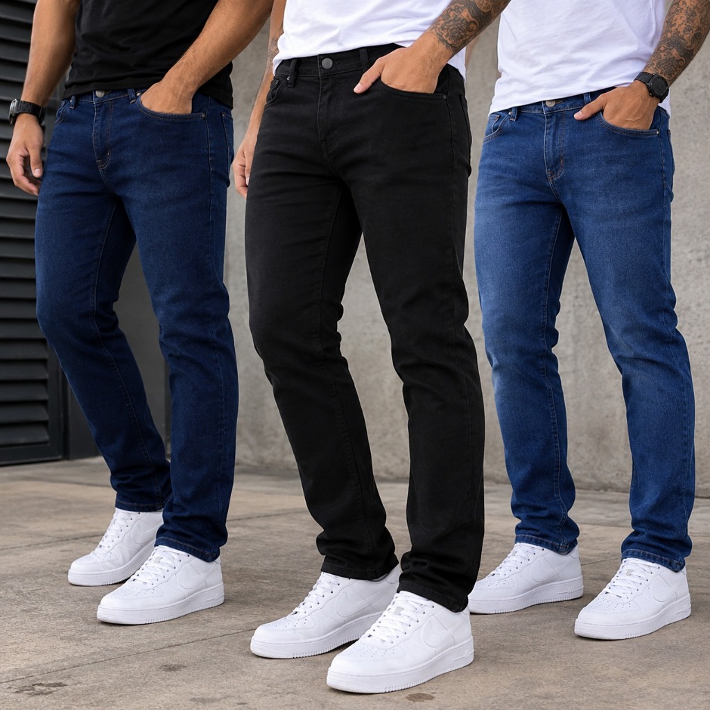 Kit Calça Jeans Masculina Slim Fit com Elastano Lycra Preta Azul Confortável