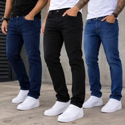 Kit Calça Jeans Masculina Slim Fit com Elastano Lycra Preta Azul Confortável