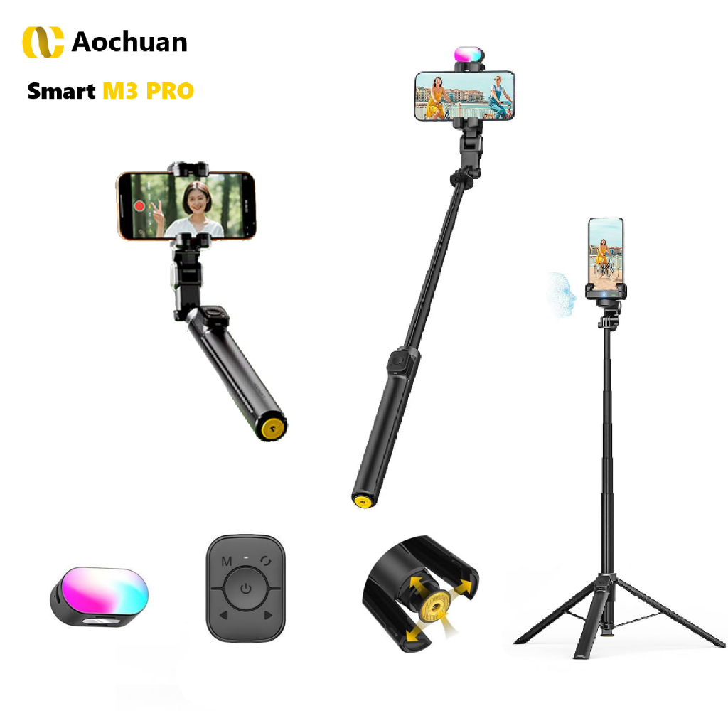 AOCHUAN SMART M3 PRO Haste 1,8m Estabilizador 3 Eixos para Smartphone 4 em 1 Selfie Stick + Tripé + Rastreamento IA