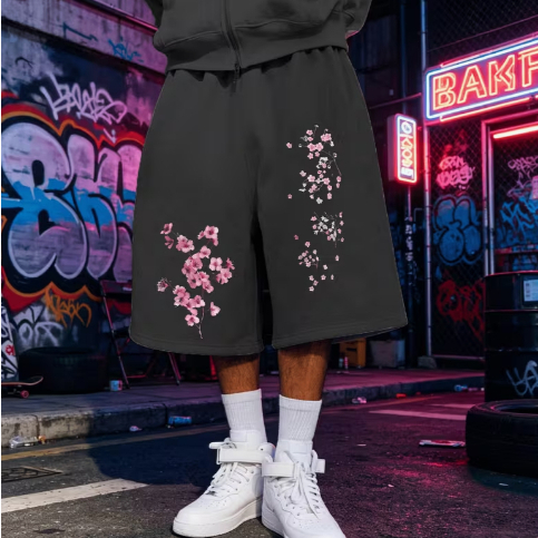 Bermuda Baggy Masculina Moletom Estampa Floral Streetwear Oversized Longa Abaixo do Joelho