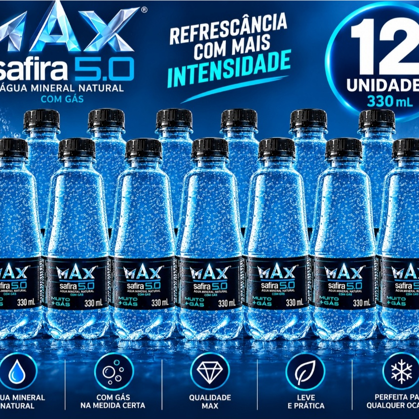 Água Mineral Natural Safira Premium 330ml Com Gás Kit 12unidades