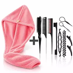 ANA1108 Conjunto 10 Peças Para Trança Coque+Touca de banho de microfibra espessa cor Aleatória