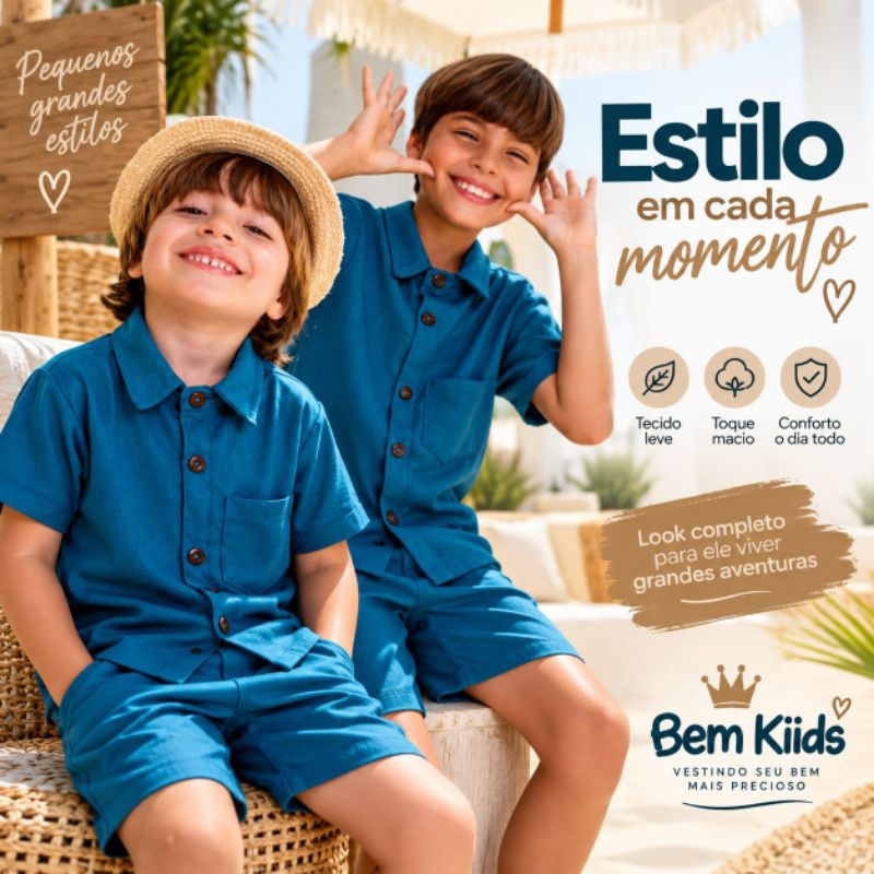 Conjunto Infantil Masculino, 100% algodão, Linho Premium, Roupa menino, Menino Estiloso,Confortável, Leve, dia a dia.