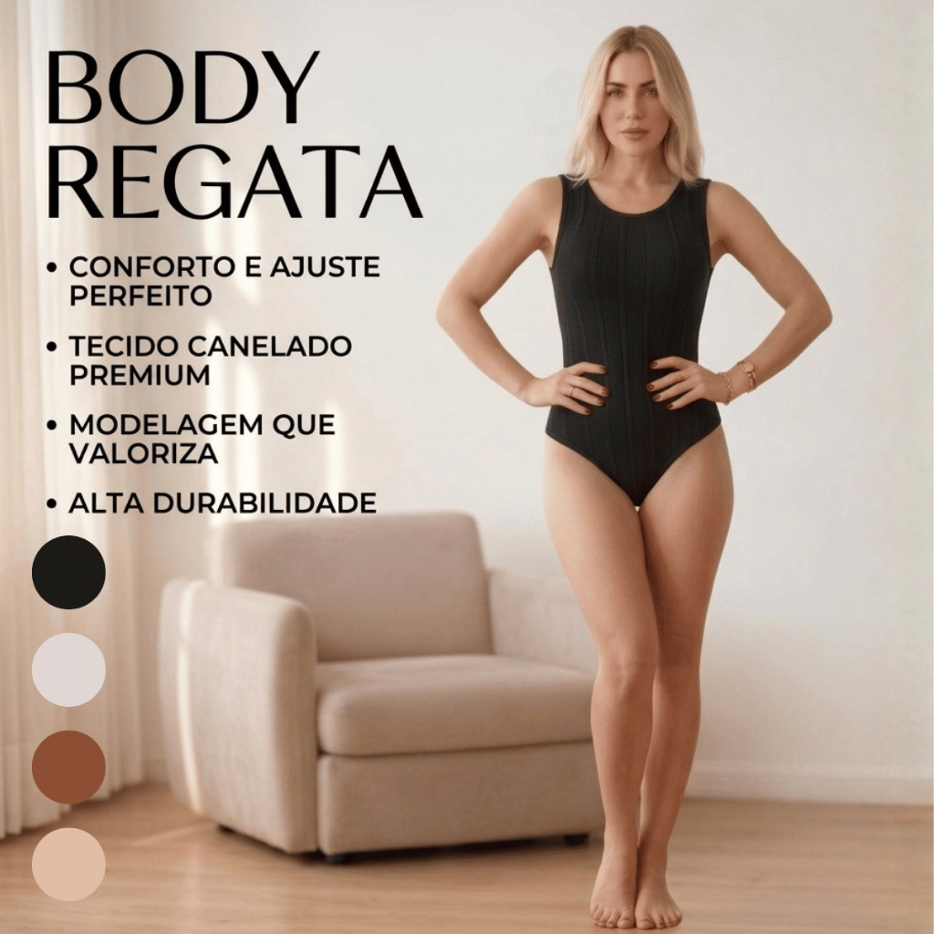 Body Feminino Regata Canelado Rugan com Elastano Básico Casual Moda Verão Justo Confortável Dia a Dia