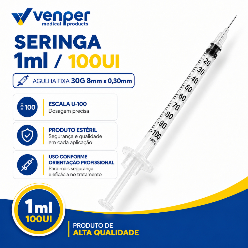 Seringas Insulina/Botox 100UI - C/Agulha Fixa 8mm x 0,30mm - Venper - Ultrafina. — imagem 2 de 2