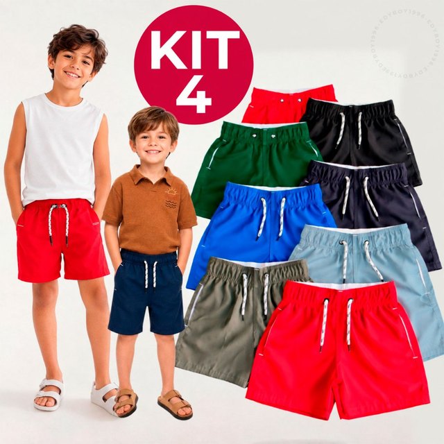 Kit 4 Short Bermuda Infantil Juvenil Tactel Menino Praia Com Bolso Elastano Premium 2 a 16 Anos