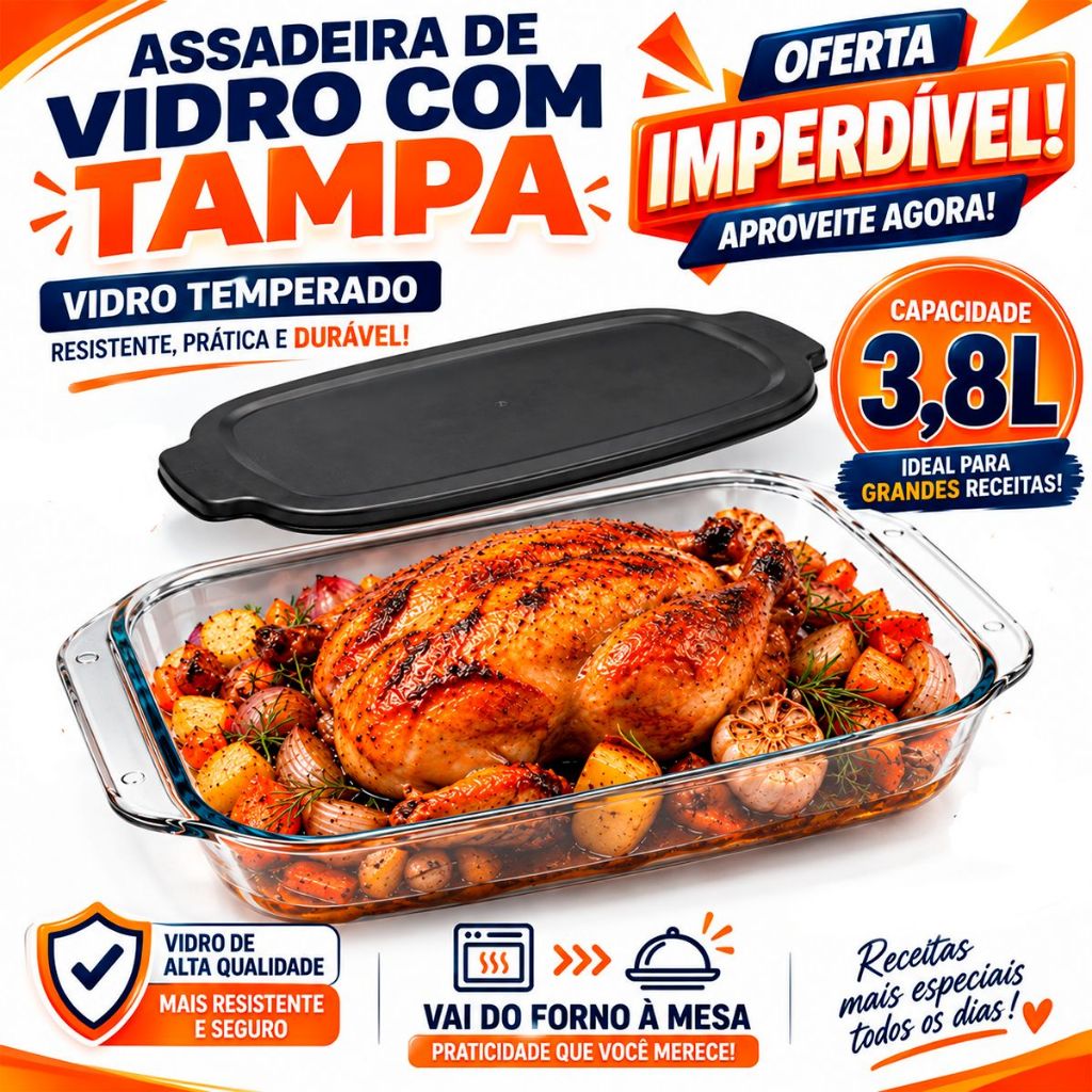 Assadeira de Vidro Borossilicato 3,8L Retangular com Tampa Preta e Alça para Forno