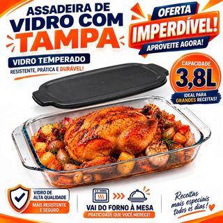 Assadeira de Vidro Borossilicato 3,8L Retangular com Tampa Preta e Alça para Forno