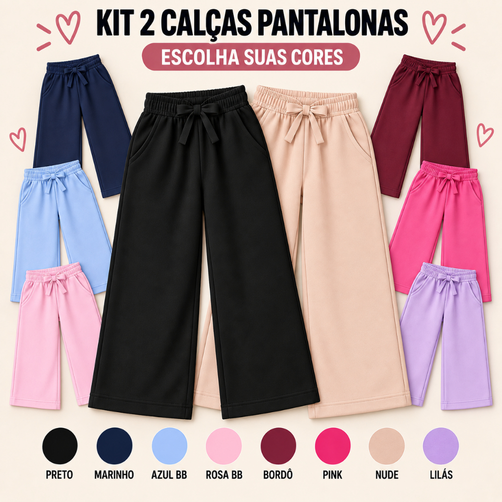 Kit 2 Calça Pantalona Menina Infantil Juvenil Lisa Blogueira com Bolso Escola Tamanho 8 10 12 14 16