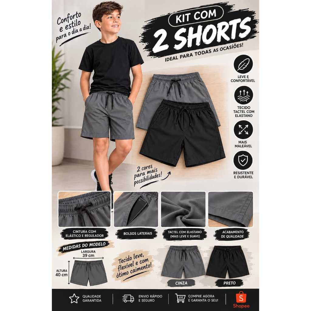 Kit 2 Shorts Juvenil Masculino Tactel com Elastano – Cinza e Preto, Leve e Confortável Praia Banho Piscina