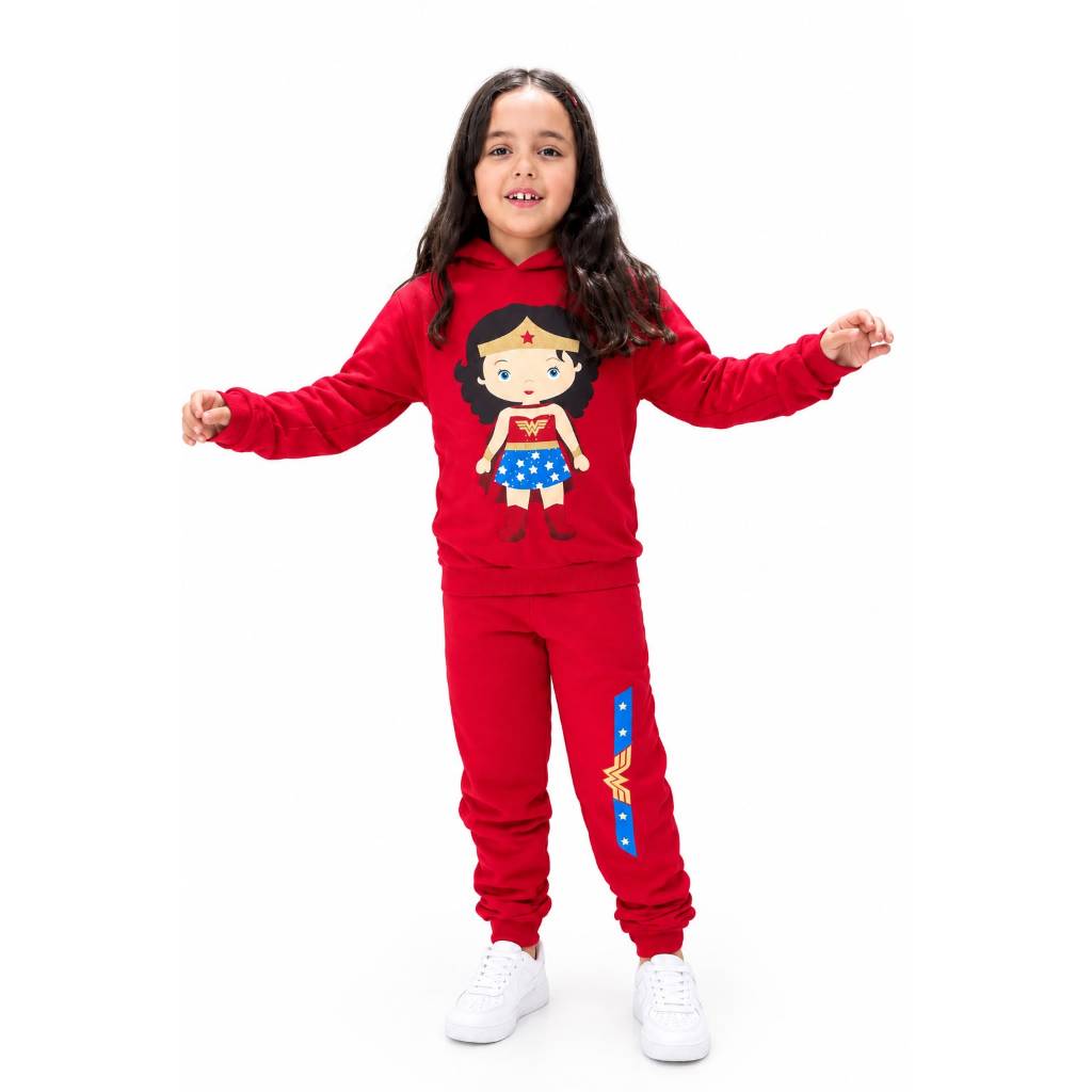 Conjunto Moletom Infantil Feminino Mulher-Maravilha com Capuz Flanelado Inverno Tam 6 ao 12