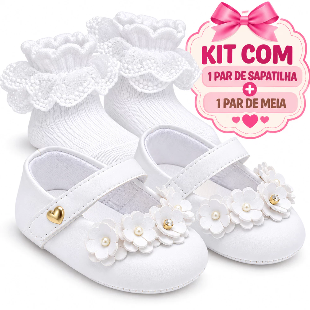 Kit Batizado Sapatilha Bebê Menina + Meia Babadinho Com Aplique N° 13 ao 18