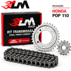 Kit Relação Transmissão Honda Pop 110 Kit Premium Lm Race Aço1045 Reforçado Corrente Coroa Pinhão