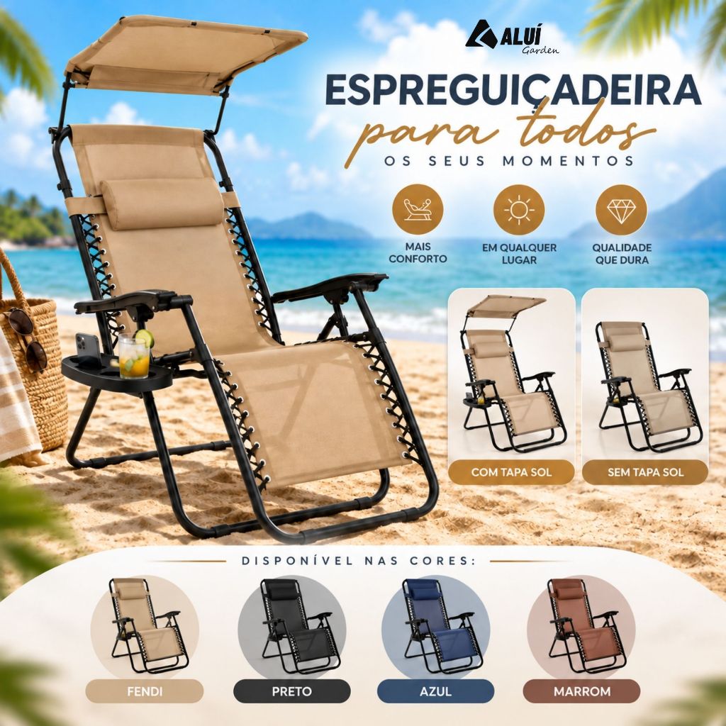 Cadeira Espreguiçadeira Reclinável Praia Pesca Camping Portátil Dobrável 21 Posições Aluí Garden