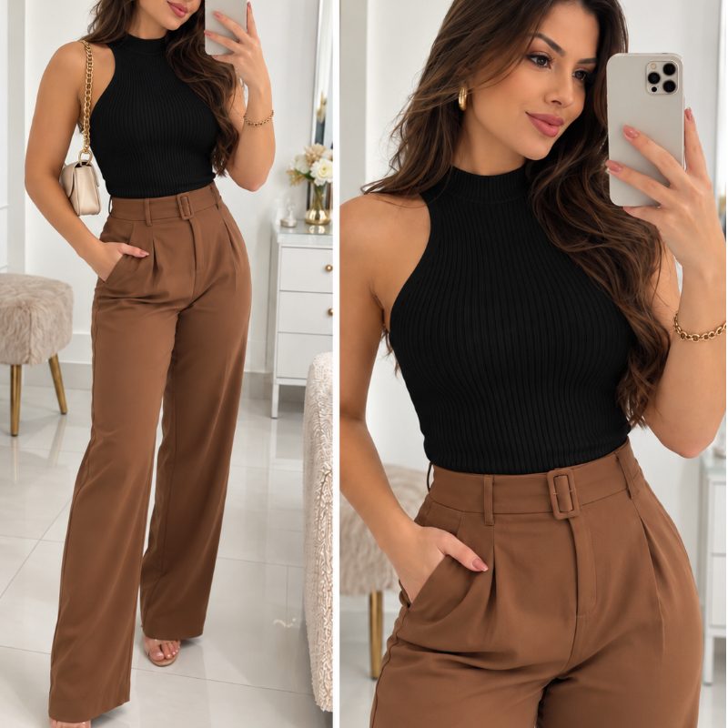 Blusa Regata Feminina Gola Alta Canelada Básica Casual com Elastano