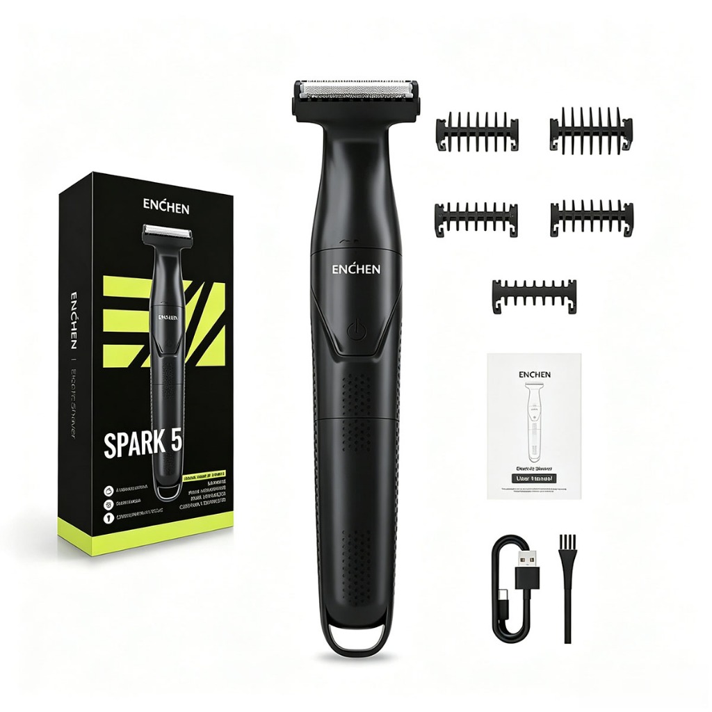 Aparador de Pelos Corporal Enchen Spark 5 Barbeador Elétrico Masculino 5 em 1 T-Blade 0,2mm Seco e Molhado