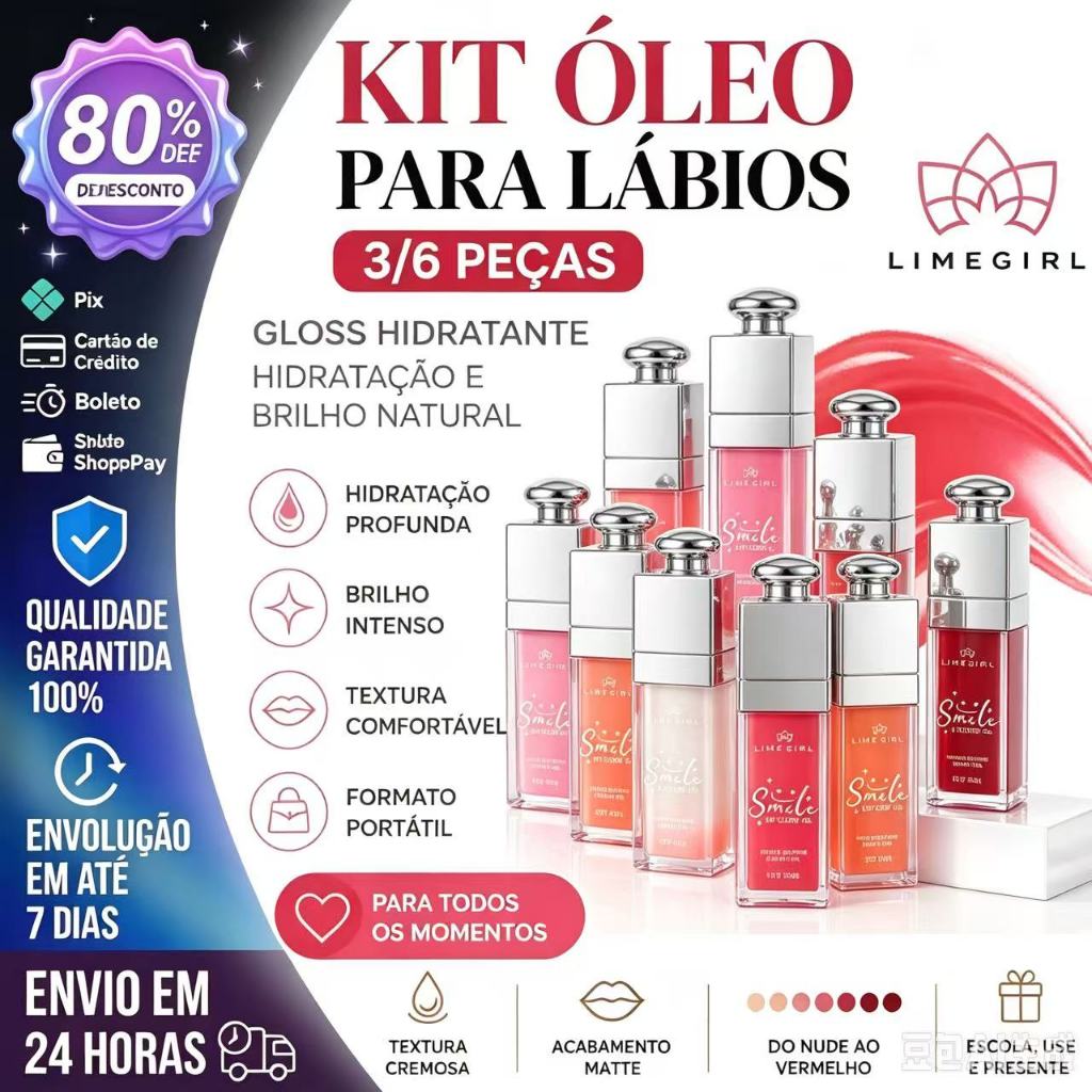 【LIMEGIRL】KIT 3/6 Peças Kit Óleo para Lábios, Gloss Hidratante,, Hidratação e Brilho Natural L-0205