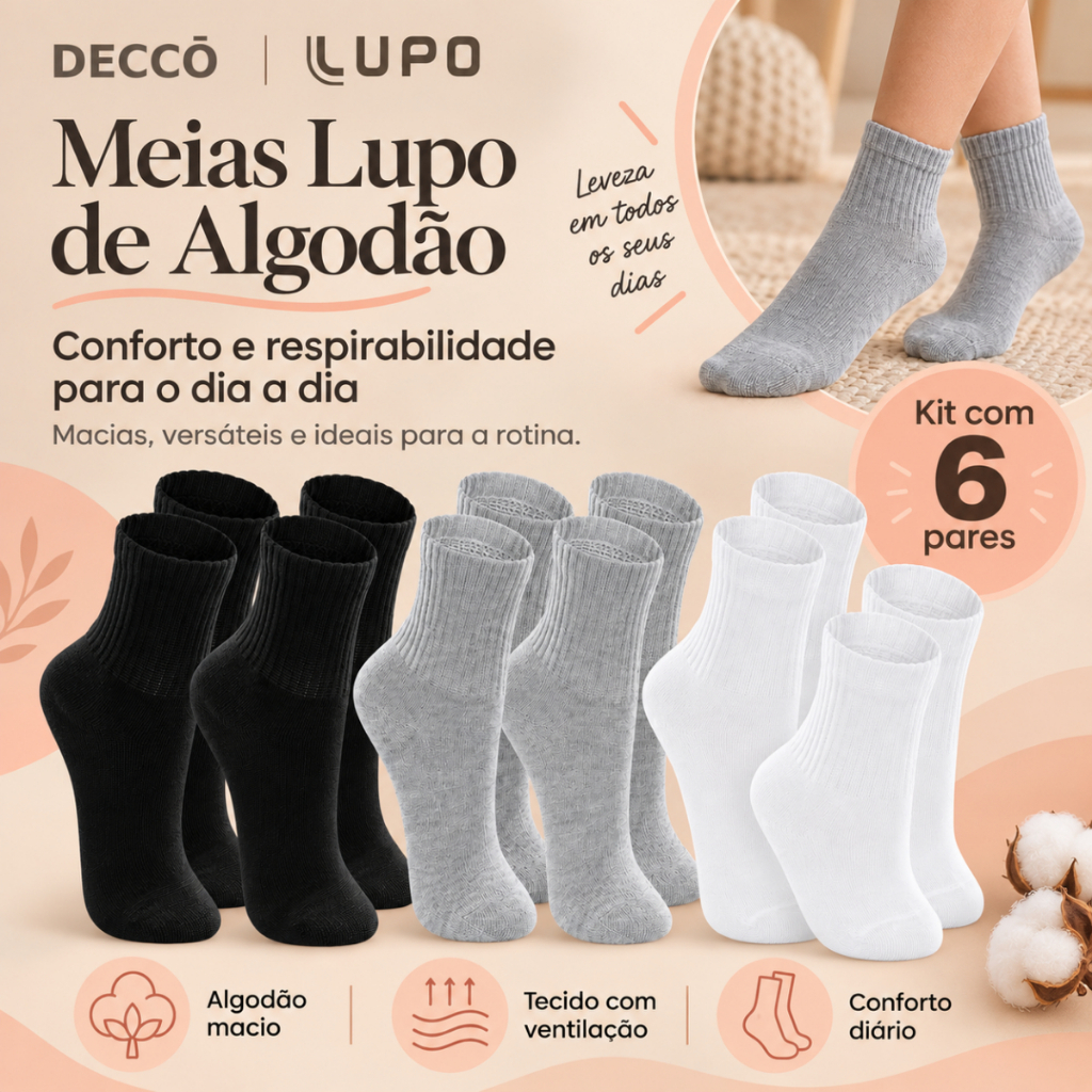 Kit De 6 Pares Meias Lupo Infantil Cano Médio Em Algodão Tamanho 24 ao 35