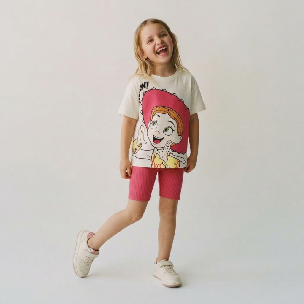 Conjunto Infantil Menina Jessie Toy Story Verão Camiseta Estampada + Short Ciclista Rosa Canelado