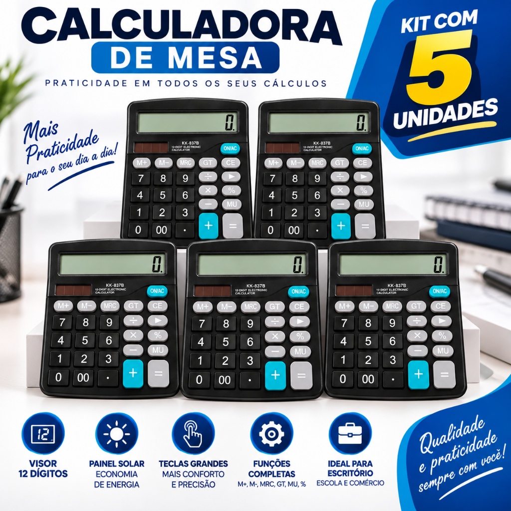 Calculadora De Mesa Kit 5 unidades Comercial Escritório Display 12 Digitos Escolar Preta Solar/Pilha