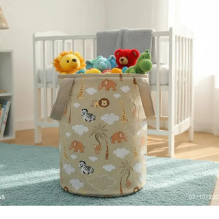 Cesto Organizador de Brinquedos e Roupas Tecido 100% Algodão Estampado Bichinho Marrom Safári