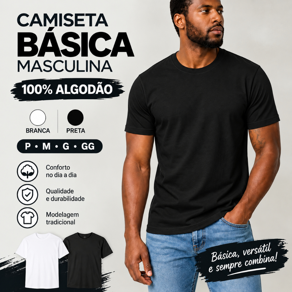 Camiseta Básica Masculina Preta Branca 100% Algodão Lisa