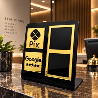 Placa Display QR Code Pix Avaliação Google Plaquinha Mesa Balcão Acrílico Espelhado