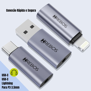 Adaptador Fone de Ouvido 3.5mm P3 Usb-c Ligthning Usb Comum para Áudio Fone P3 Celular Computador Iphone