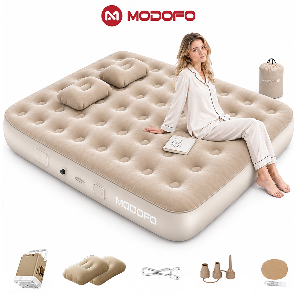 Colchão Inflável Solteiro/Queen/King Bege Com Bomba Elétrica Recarregável Para Camping Casa MODOFO