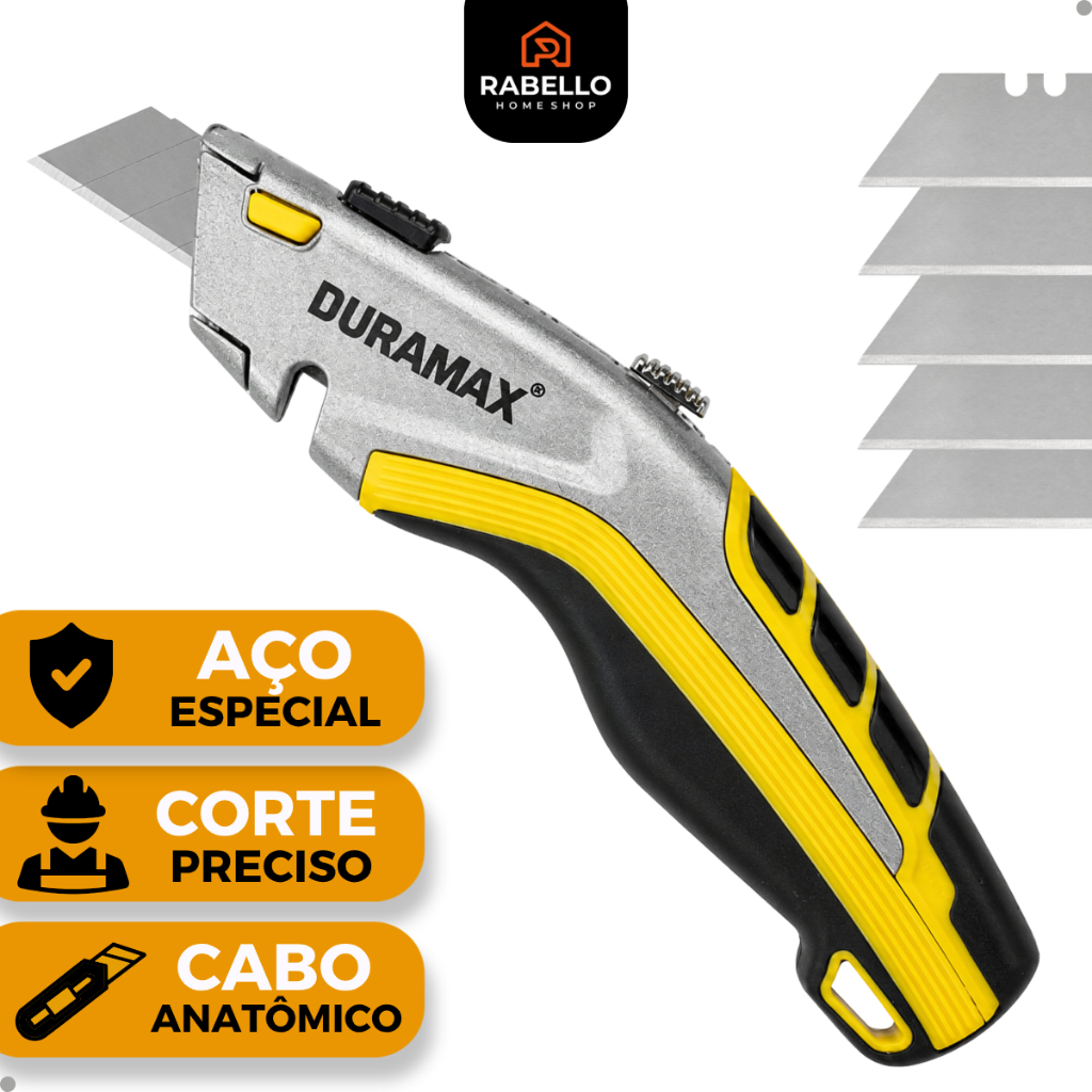 Estilete Profissional Trapezoidal 19mm Duramax Retrátil com 5 Lâminas Alta Resistência Com Trava