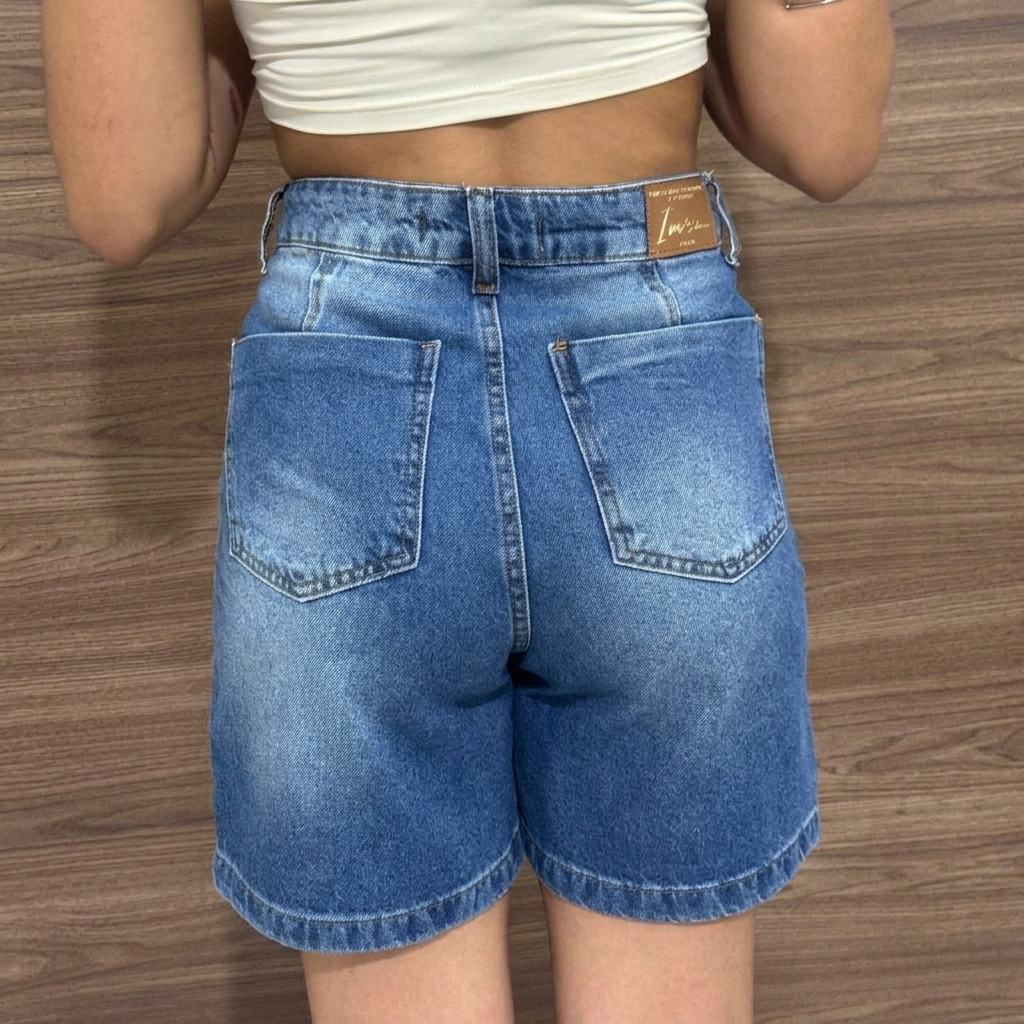 Bermuda jeans feminina meia coxa 100% algodão de cintura alta