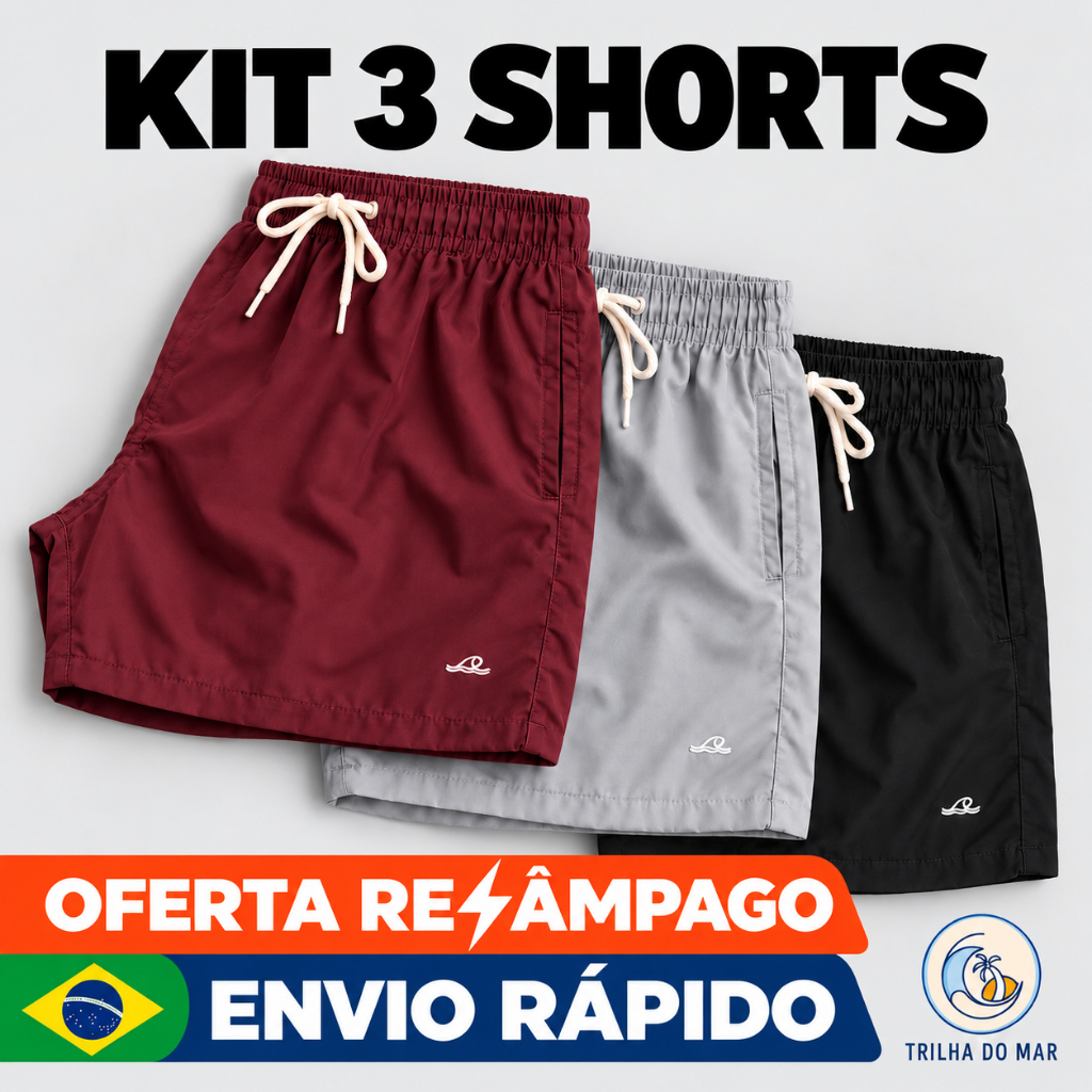 KIT 3 SHORT MASCULINO TACTEL ELASTANO MAURICINHO CADARÇO CRU 3 BOLSOS COSTURAS REFORÇADAS CORRIDA ACADEMIA PRAIA