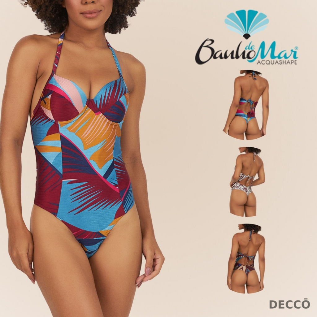 Maio Banho de Mar de Alta Compressao Com Bojo Estampado Efeito Zero Barriga Modela Reduz Fio Dental