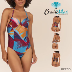 Maio Banho de Mar de Alta Compressao Com Bojo Estampado Efeito Zero Barriga Modela Reduz Fio Dental