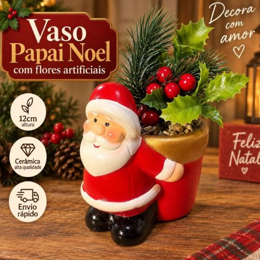 Vaso Papai Noel c/ Flores Artificiais 12cm Cerâmica Alta Qualidade Lindo Decoração Natalina Envio Rápido