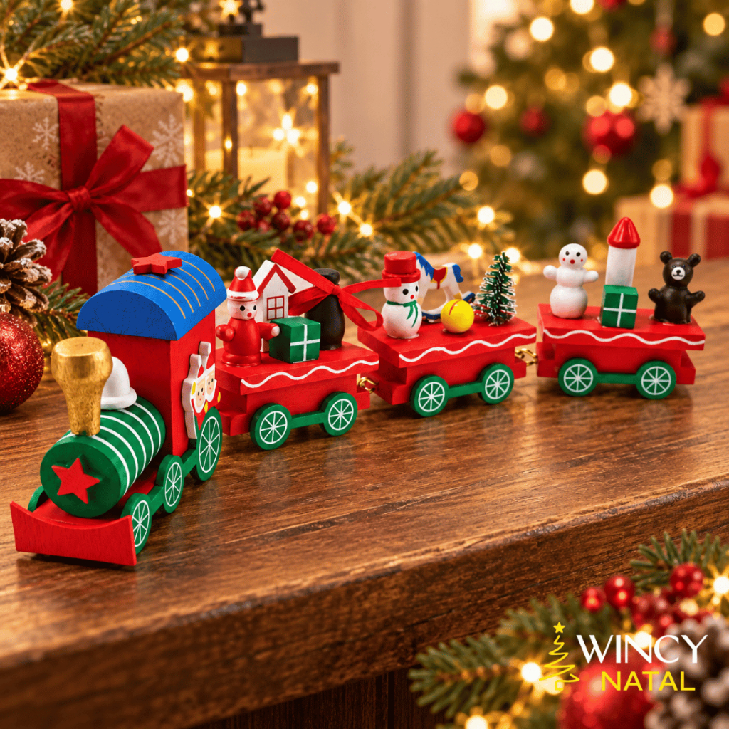 Enfeite Natalino Trenzinho Madeira Colorido 25cm - Rocie / Decoração Trem Mesa e Casa / Natal Festa