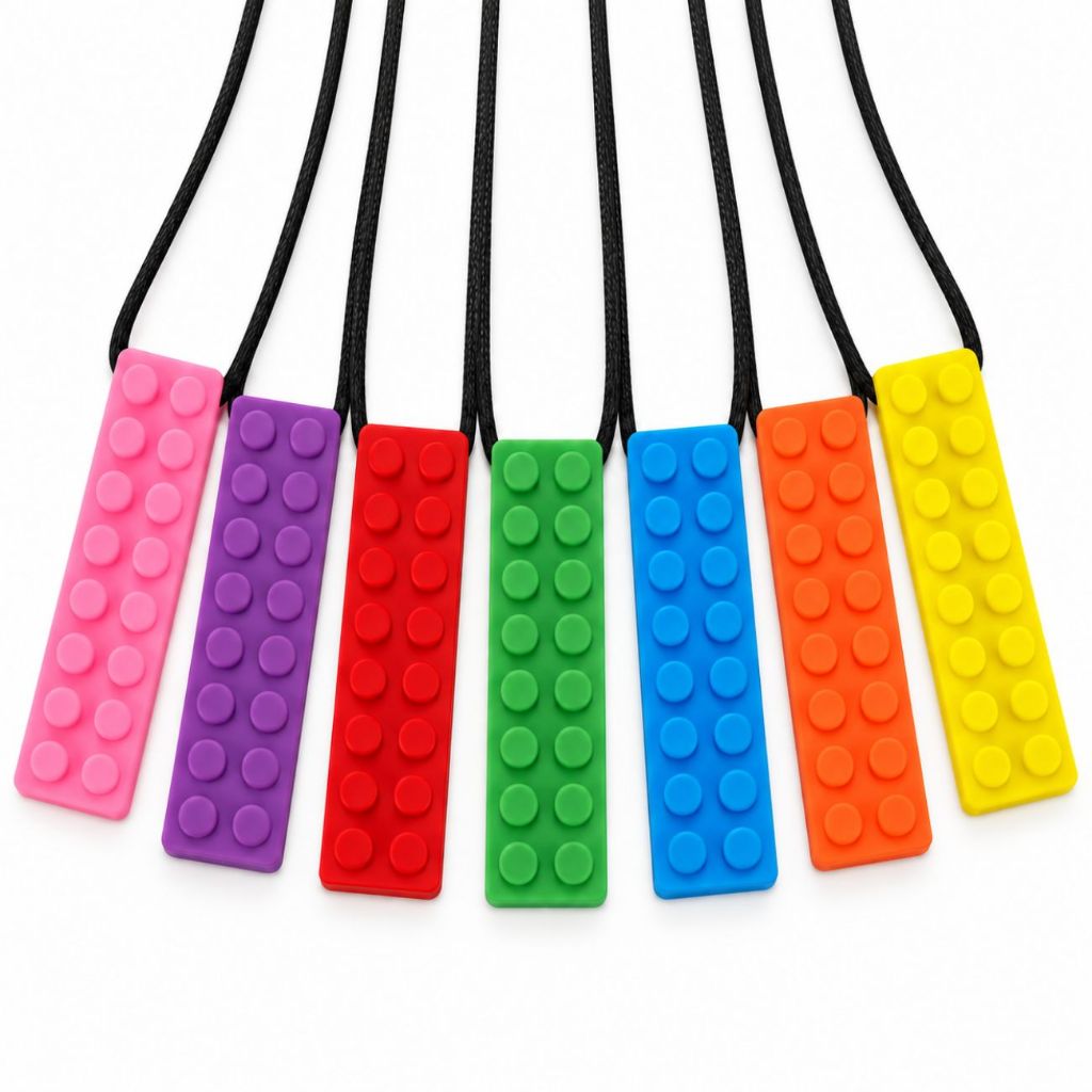 Colar Sensorial Mordedor Silicone Infantil para Autismo TDAH Bloco Colorido