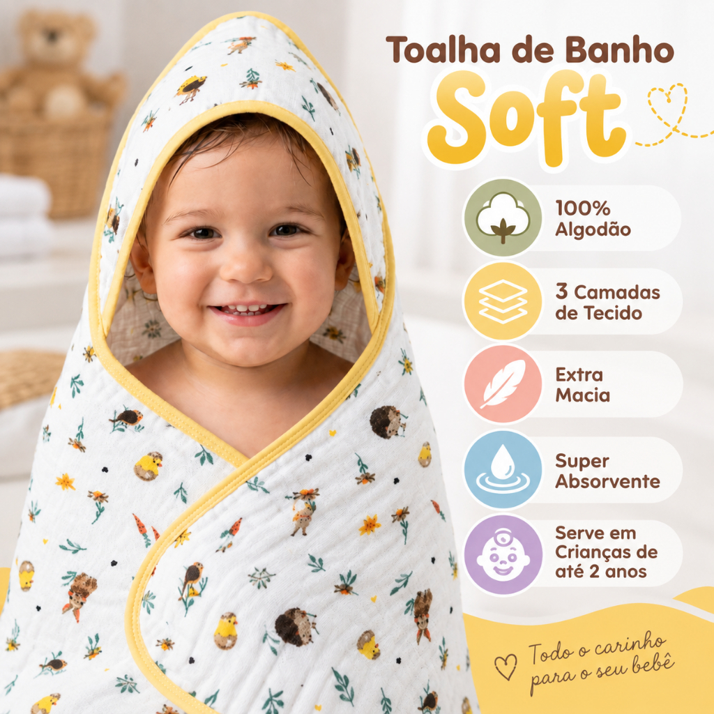 Toalha de Banho Bebe Fralda Soft com Capuz Menino Menina Neutro 100% Algodão Enxoval 3 camadas