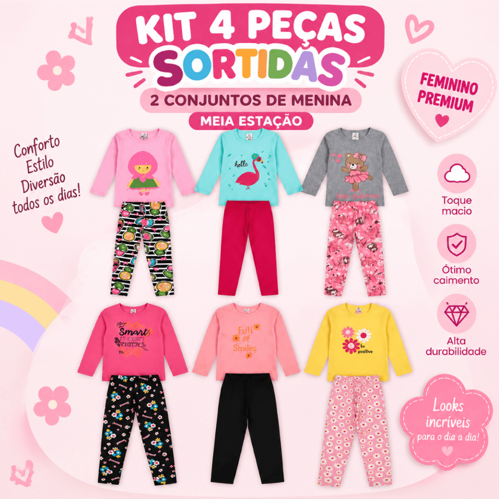 Kit 4 Peças 2 Conjuntos Femininos Infantil Blusa Manga Longa Gola Redonda Calça Legging De Frio Inverno