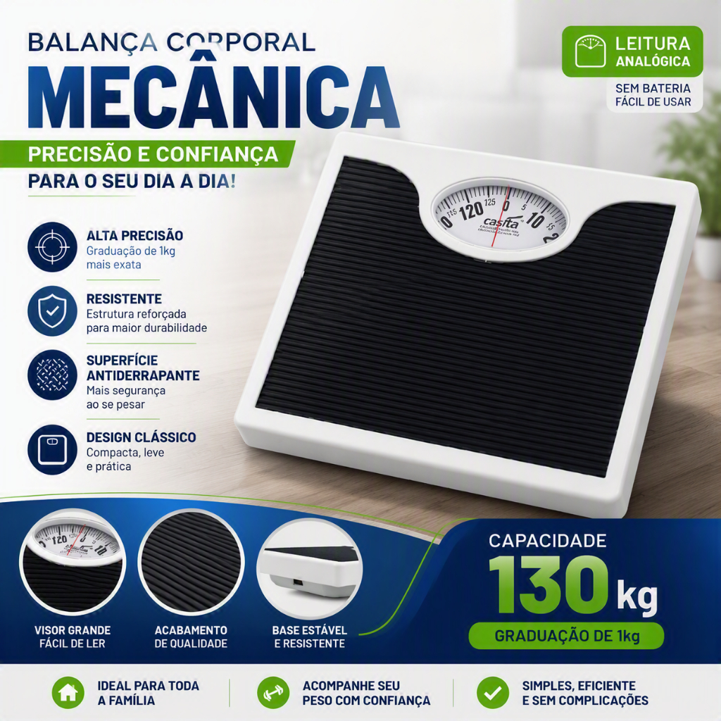 Balança Corporal Analógica Mecânica para Banheiro Antiderrapante até 130 kg